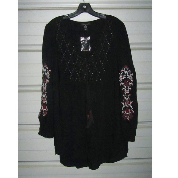 2X Plus Size Black Bohemian Embroidered Top Blouse Shirt Womens New - Picture 1 of 6
